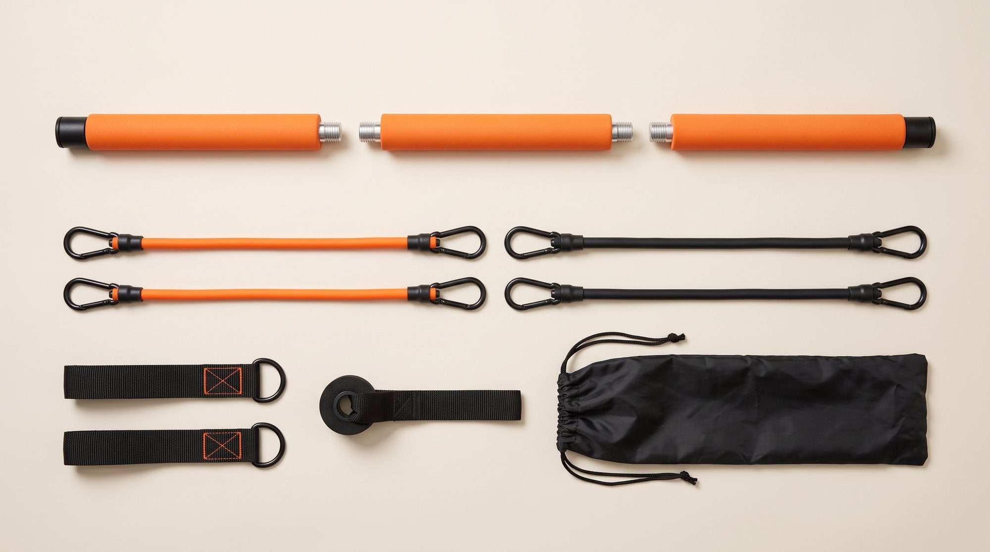 Every piece in the Kind Reps Pilates Bar Kit, laid out